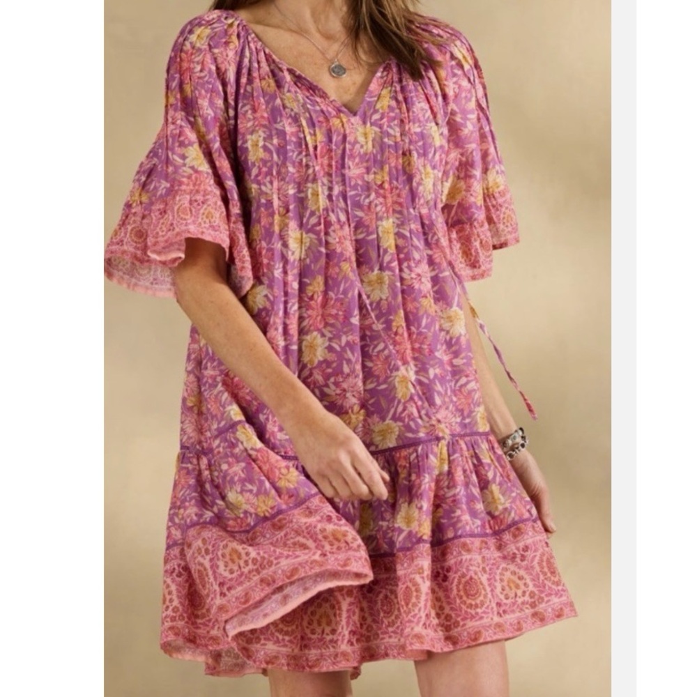 Sundance “Aisha” Floral Print Tiered Berry Pink and Yellow Floral Dress, Size L